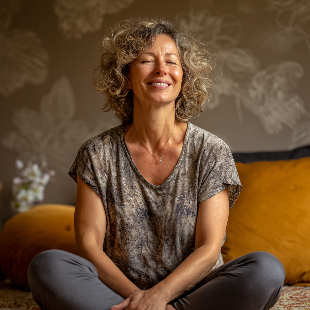 Усмихната българка на средна възраст практикуваща йога в спокойна обстановка