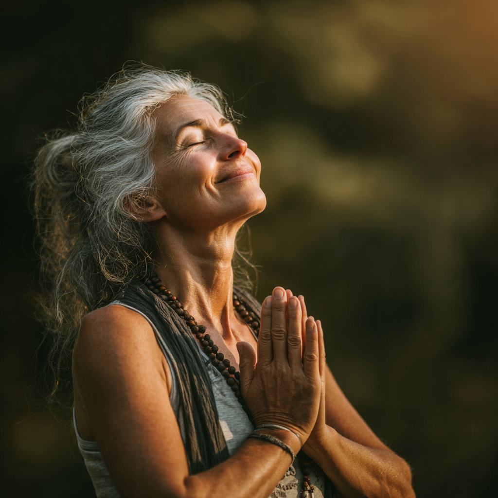 Група от усмихнати българи на различна възраст практикуващи медитация заедно в природна обстановка