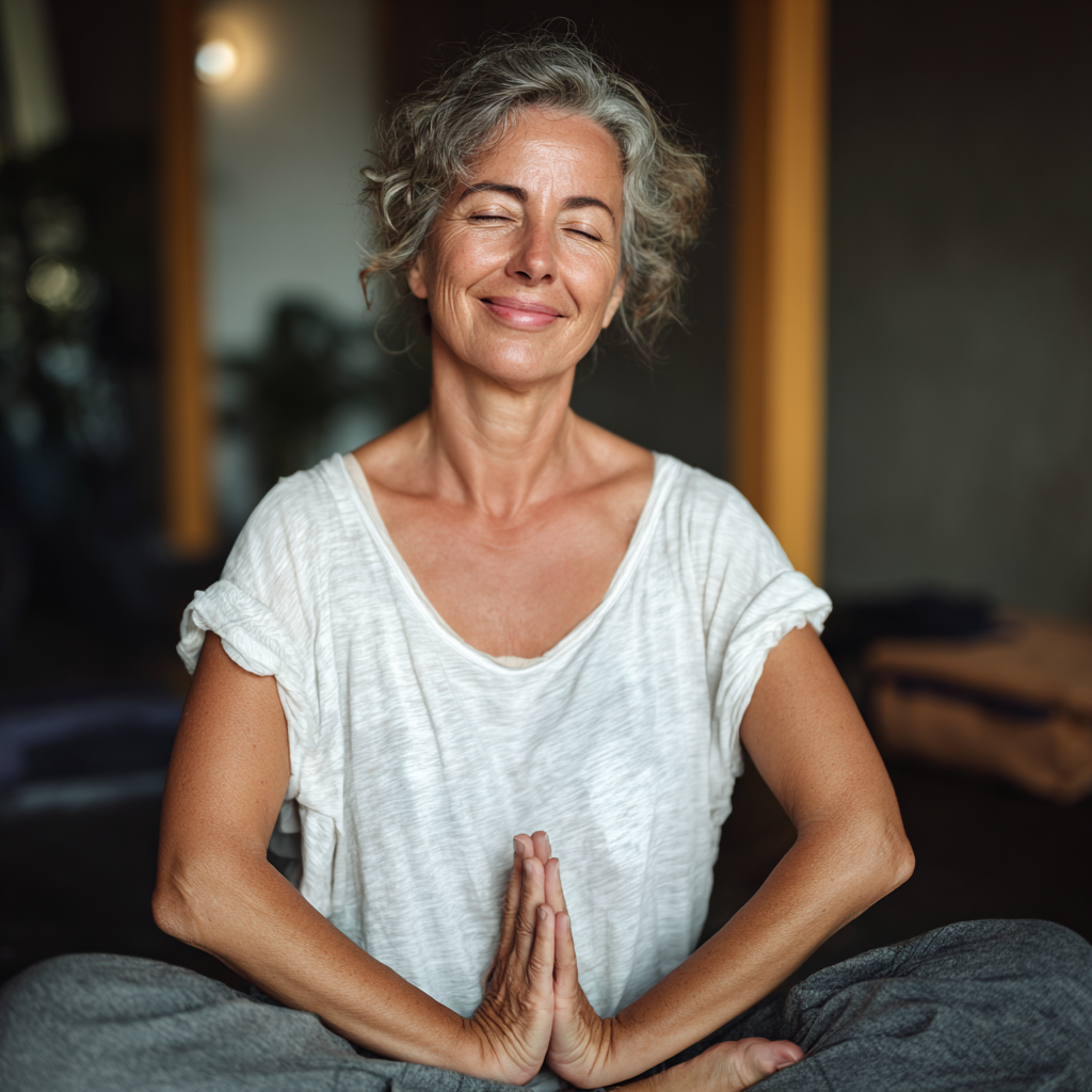 Спокоен българин на възраст практикуващ възстановителна йога с усмивка